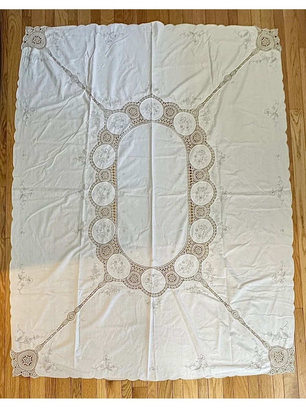 VTG MCM Cream Tablecloth & Taupe Embroidery Crocheted Accents 62x79 Cottagecore